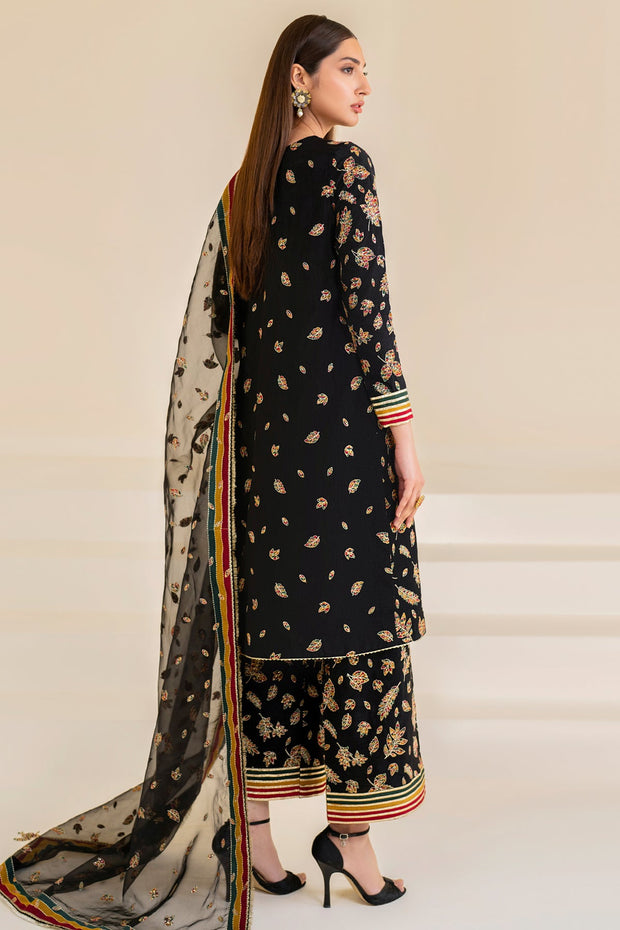 Silk Pakistani Embroidered Party Dress in Black Shade