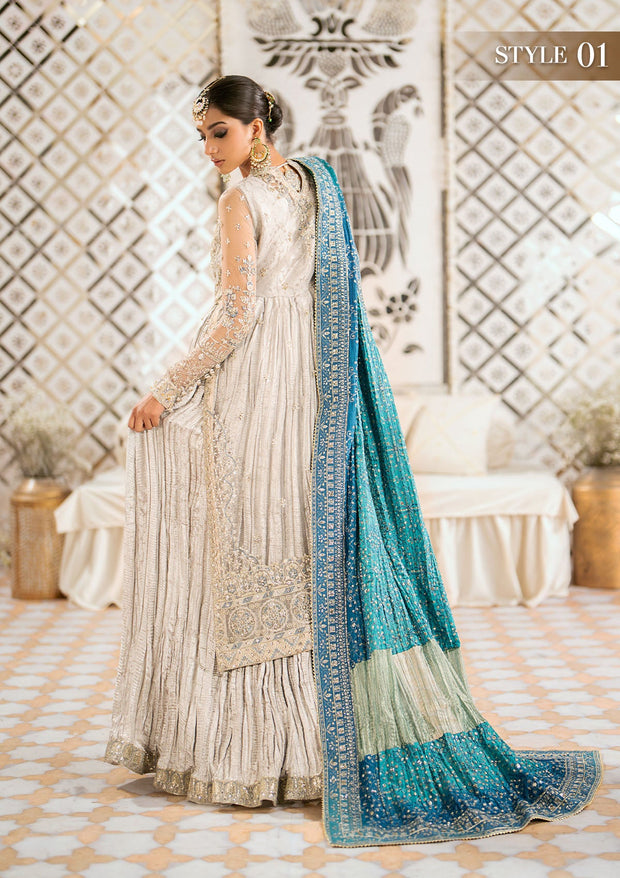 Silver Embellished Gown Style Pakistani Dress with Crushed Sharara