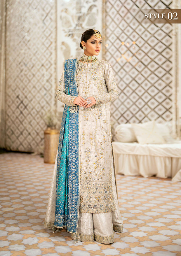 Silver Embellished Gown Style Pakistani Wedding Dress with Crushed Sharara