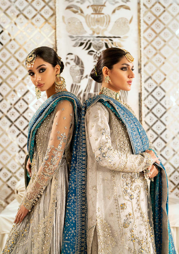 Silver Embellished Gown Style Pakistani Wedding with Crushed Sharara