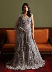 Smokey Grey Embellished Pakistani Bridal Dress in Crushed Gharara Style