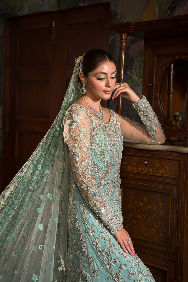 Soft Blue Heavily Embellished Pakistani Bridal Dress Pishwas Gown