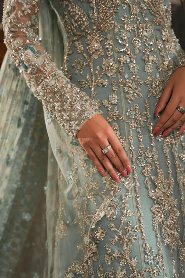 Soft Blue Heavily Embellished Pakistani Bridal Dress Royal Gown