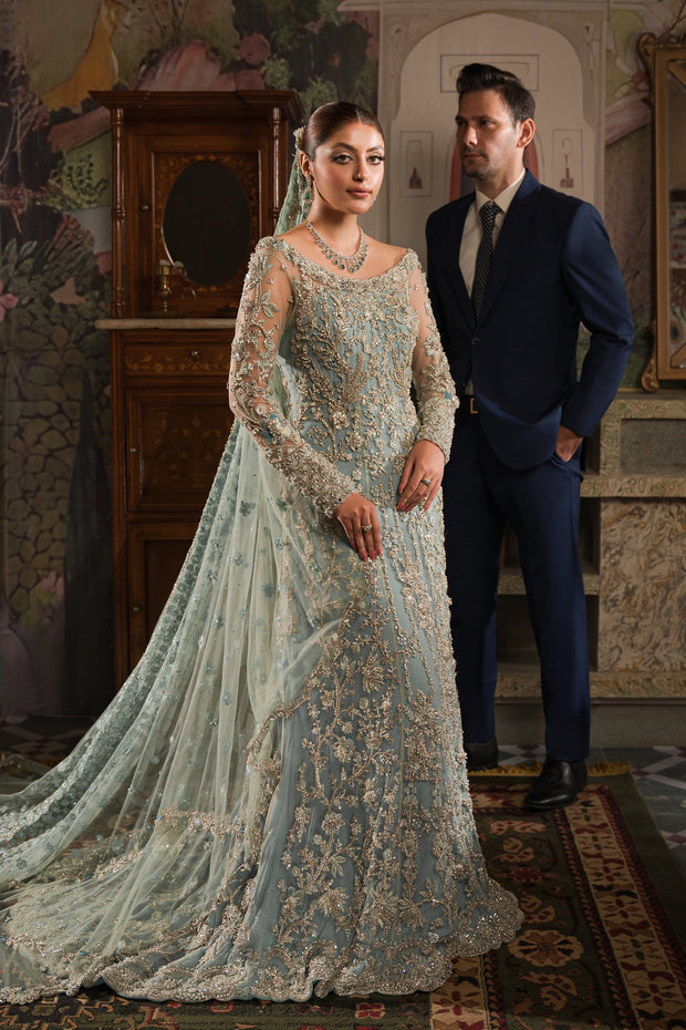 Soft Blue Heavily Embellished Pakistani Bridal Royal Pishwas Gown