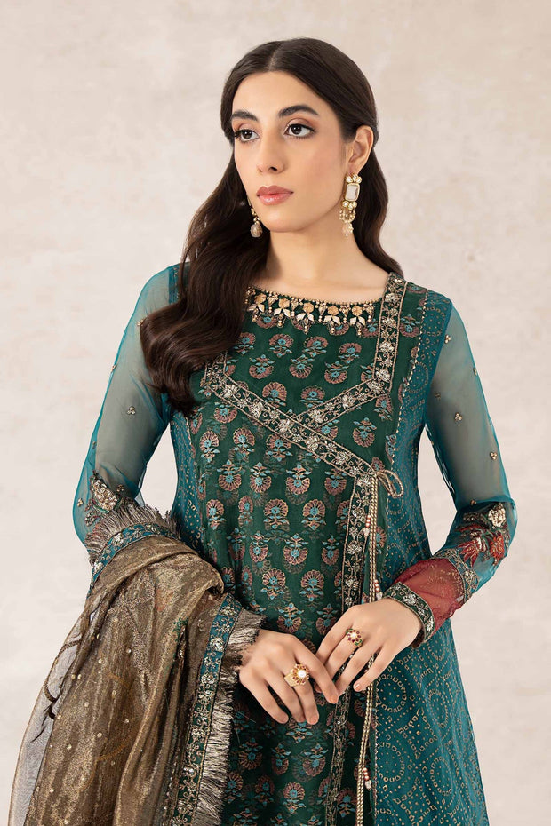 Teal Blue Embroidered Pakistani Party Wear Anghrakha Frock