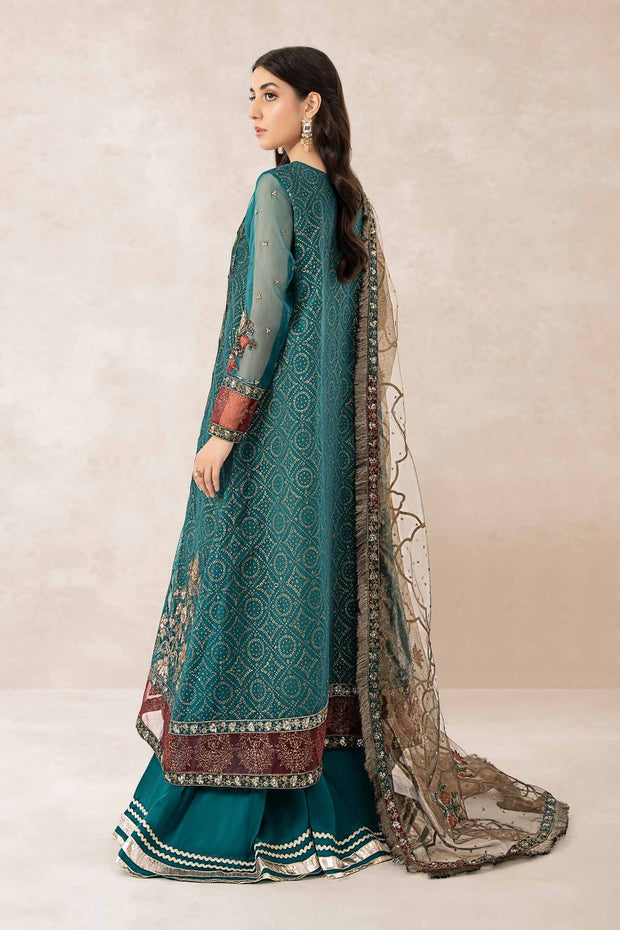 Teal Blue Embroidered Pakistani Party Wear Frock