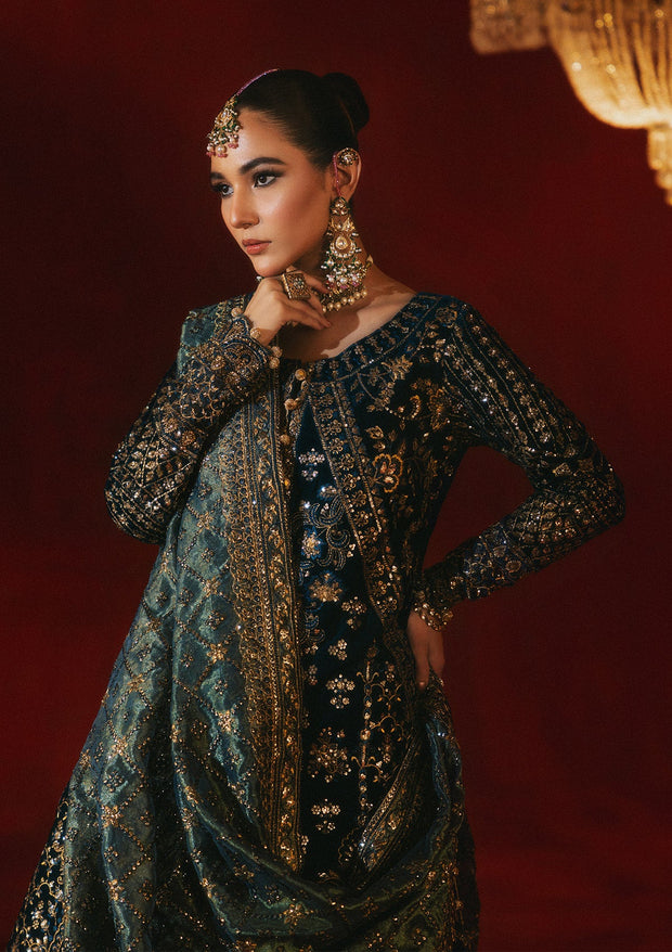 Teal Blue Embroidered Velvet Gown Pakistani Wedding Dress Lehenga