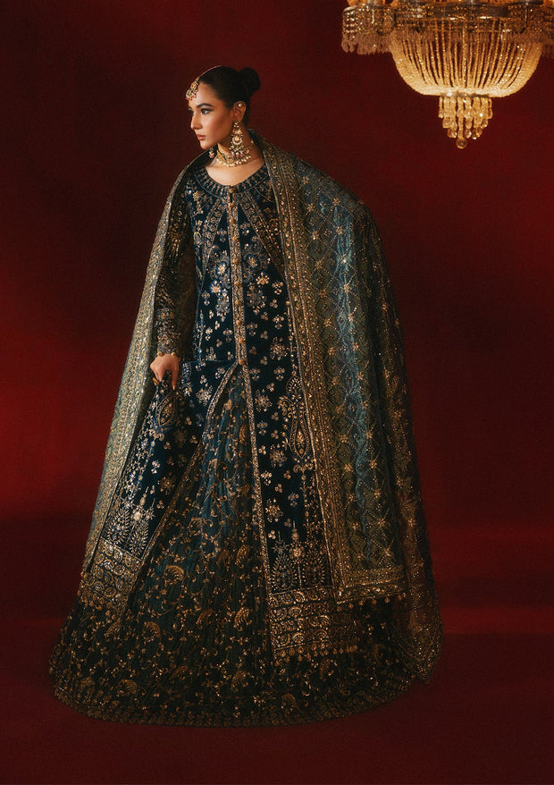 Teal Blue Embroidered Velvet Gown Pakistani Wedding with Lehenga