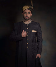 Traditional Black Embroidered Nawab Pakistani Groom Sherwani