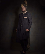 Traditional Black Embroidered Nawab Style Pakistani Groom Sherwani