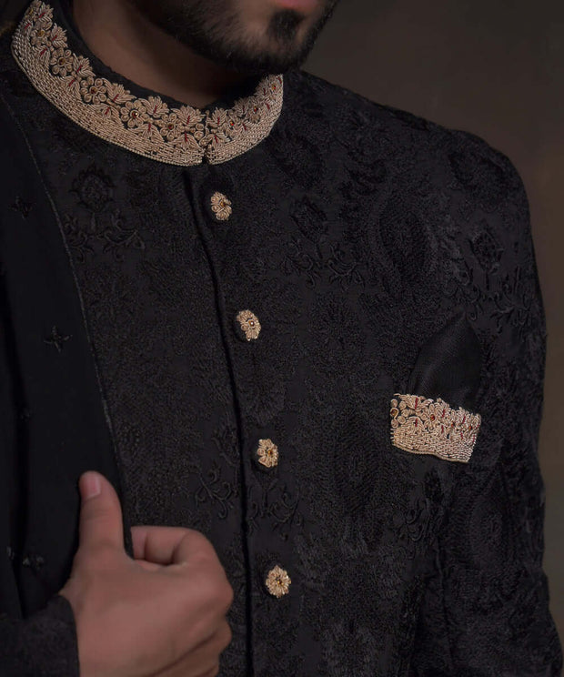 Traditional Black Embroidered Nawab Style Pakistani Sherwani