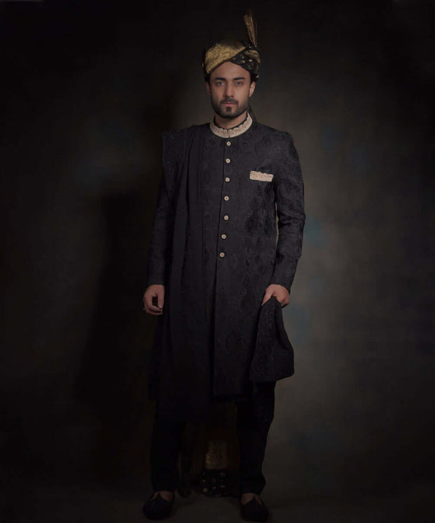 Traditional Black Nawab Style Pakistani Groom Sherwani