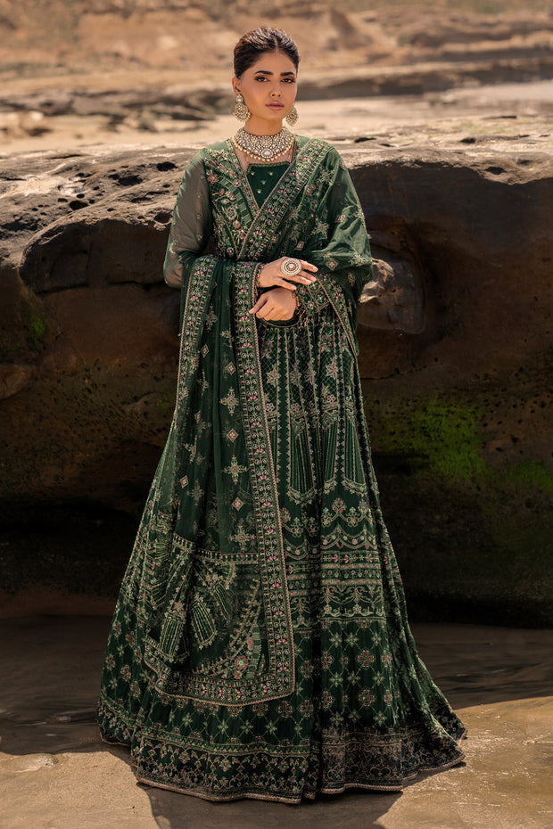 Traditional Bottle Green Embroidered Pakistani Wedding Dress Pishwas