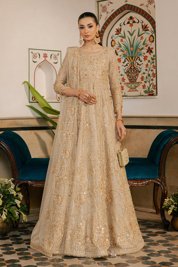 Traditional Champagne Gold Embroidered Pakistani Wedding Dress Pishwas