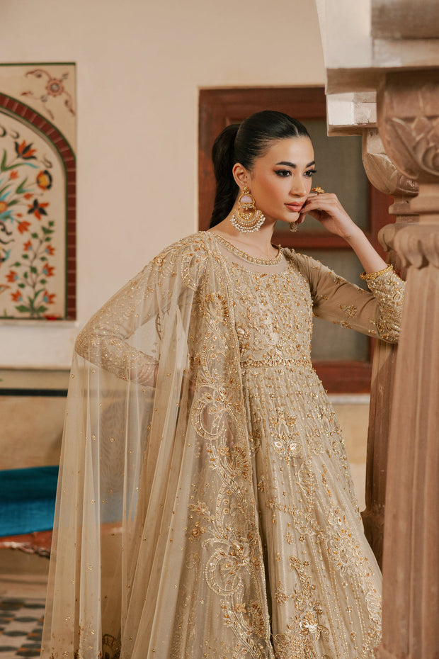 Traditional Champagne Gold Embroidered Pakistani Wedding Pishwas