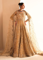 Traditional Gold Pakistani Bridal Dress in Gown and Lehenga Style