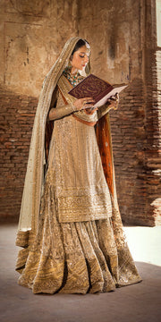 Traditional Golden Gharara Kameez Dupatta Pakistani Wedding Dress