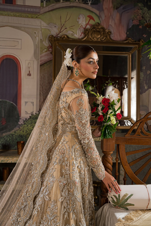 Traditional Ivory Pakistani Bridal Heavily Embellished Pishwas Gown