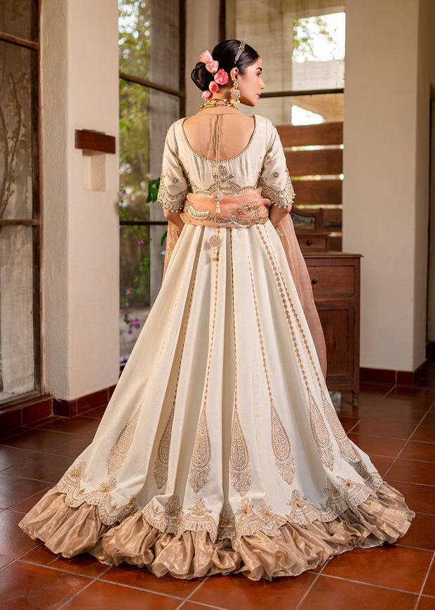 Traditional Ivory Pakistani Wedding Wear Frock with Dupatta