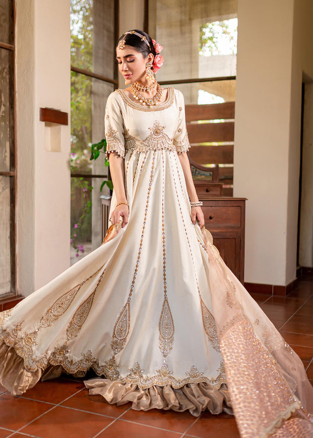 Traditional Ivory Pakistani Wedding Wear Pishwas Frock with Dupatta