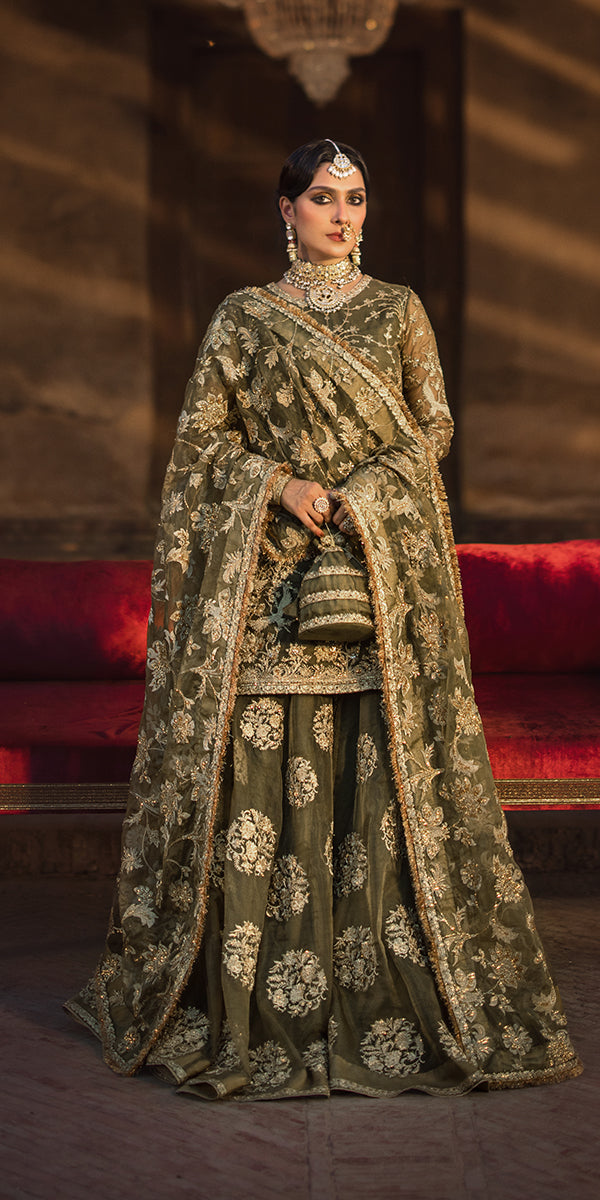 Traditional Mehndi Green Sharara Kameez Pakistani Wedding Dress