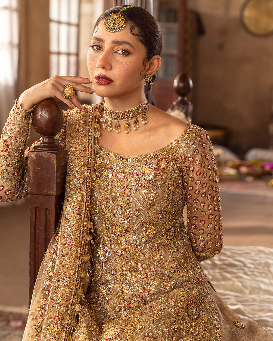 Pakistani Bridal Dress In Golden Gharara Kameez Style Nameera By Farooq 