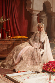 Traditional Pakistani Bridal Dress in Open Gown and Lehenga Style