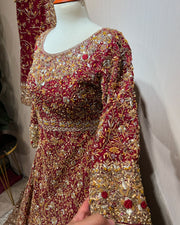 Traditional Pakistani Bridal Dress in Pishwas and Red Lehenga Style