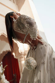 Traditional Pakistani Bridal Dress in White Choli and Lehenga Style