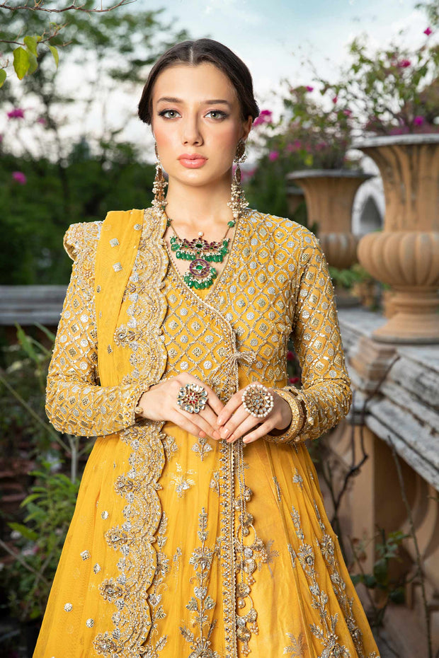 Traditional Pakistani Bridal Mehndi Dress in Angrakha Lehenga Style