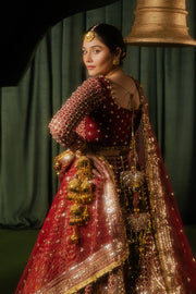 Traditional Pakistani Wedding Dress in Maroon Lehenga Choli Style