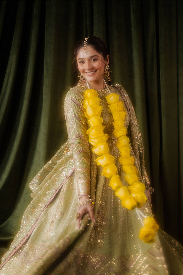 Traditional Pakistani Wedding Dress in Pistachio Green Gown Style