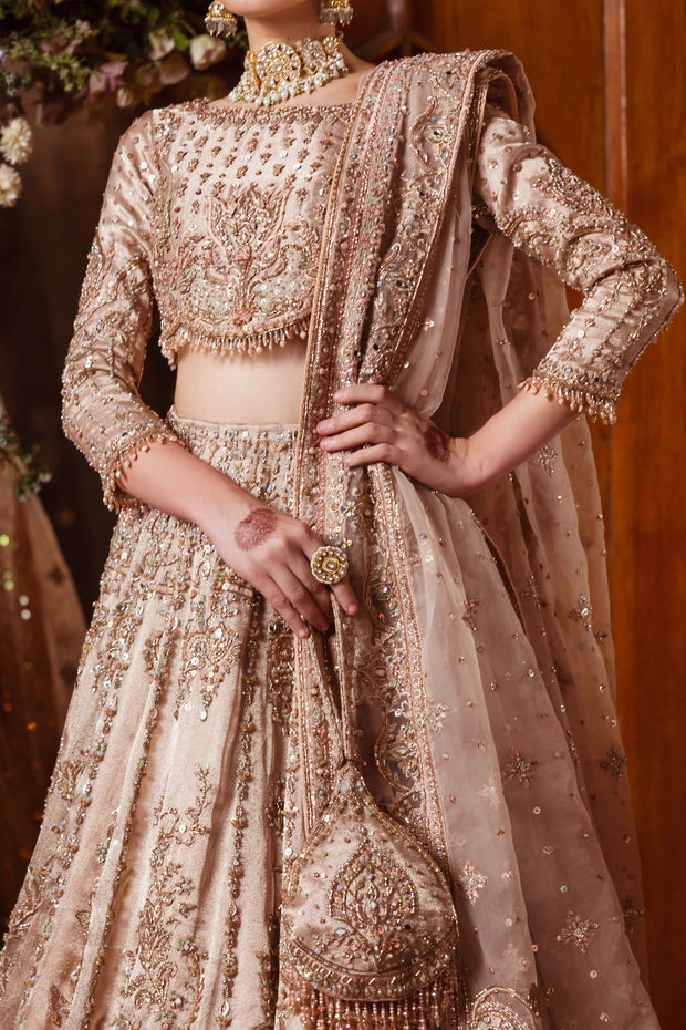 Trendy Pakistani Bridal Dress in Tissue Choli Lehenga Style