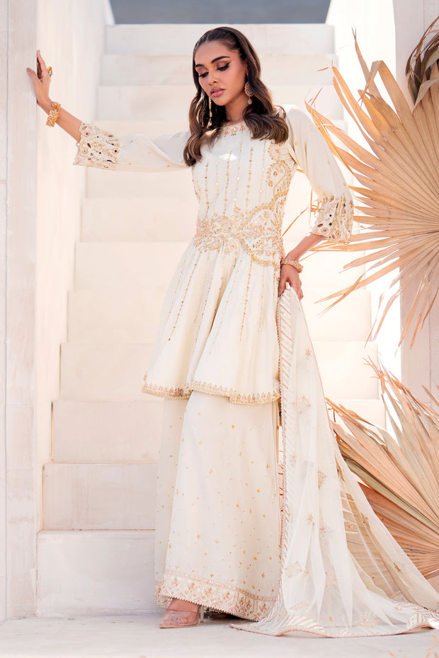 White Pakistani Wedding Dress Embroidered Gharara Frock