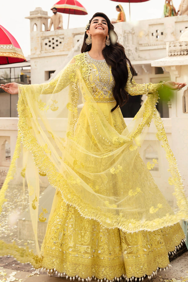 Yellow Embroidered Pakistani Party Dress in Pishwas Style