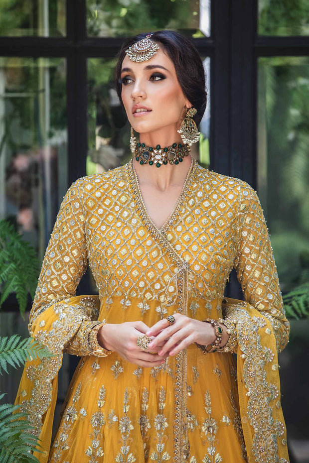 Yellow Pakistani Bridal Mehndi Dress in Angrakha Lehenga Style