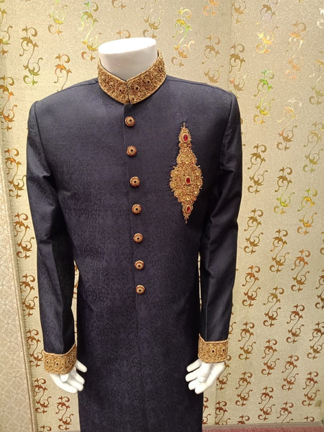 Latest Sherwani Blue Jamawar|Dabka,Zari,& Zardozi – Nameera by Farooq