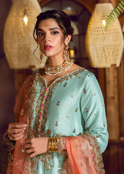 Aqua Green Silk Salwar Kameez Pakistani Party Dress 2022