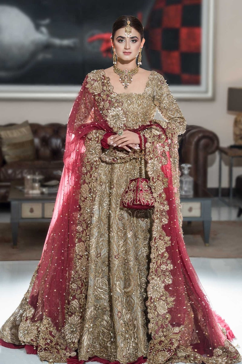 Asian Golden Bridal Lehenga for Wedding – Nameera by Farooq
