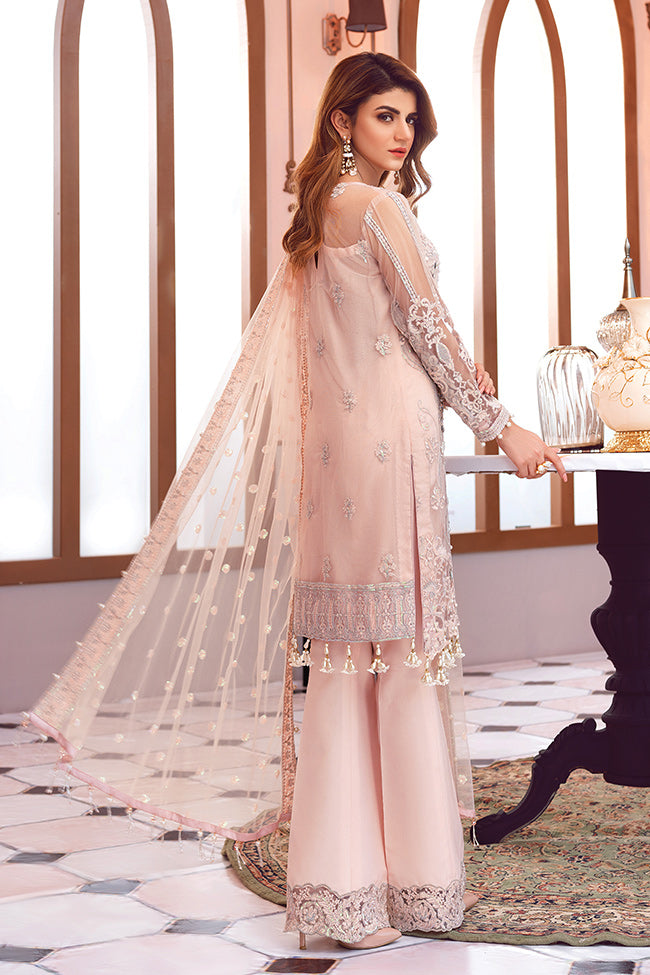 Asian Net Embroidered Dress with Pearls in Pink Color Nameera by Farooq