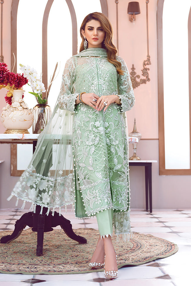 Asian Net Embroidered Outfit with Motifs and Sequins – Nameera by Farooq