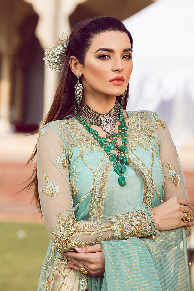 Latest designer embroidered Asian party outfit in mint green color