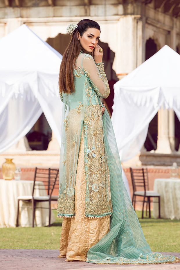 Latest designer embroidered Asian party outfit in mint green color