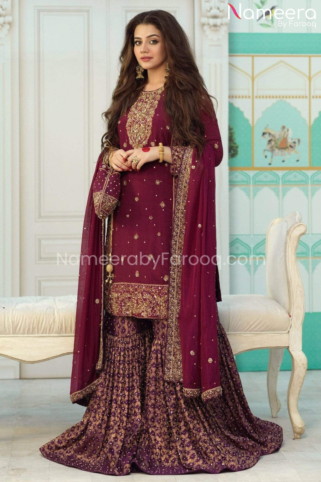 Latest Maroon Banarsi Gharara with Kameez Dress Online 2021 Nameera by Farooq