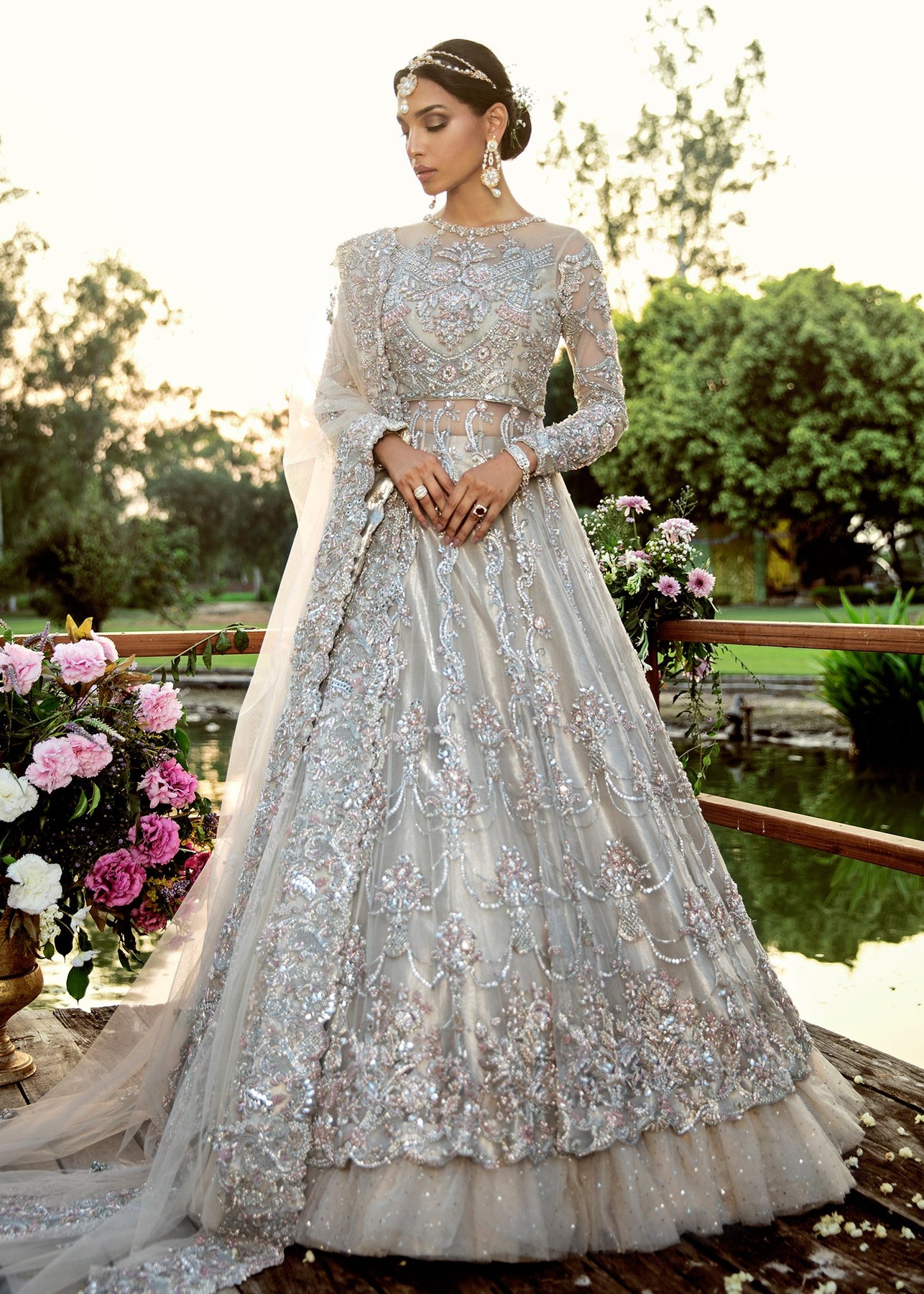 Buy Beautiful Bridal Lehnga in Silver Pink Color – Nameera by Farooq