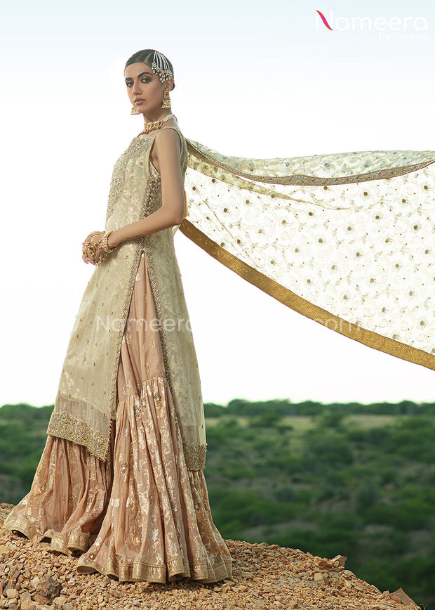 Beautiful Ivory Gold Bridal Gharara with Kameez Dress