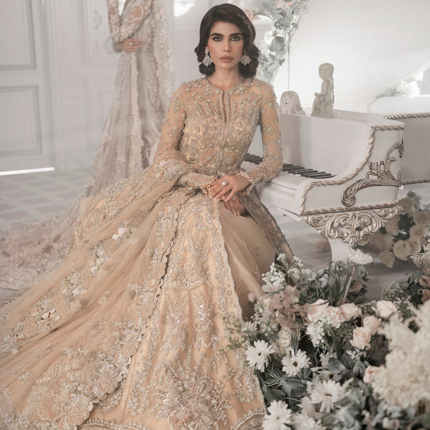 Beige Bridal Lehenga Maxi for Pakistani Wedding Dresses – Nameera by Farooq