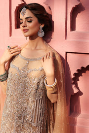 Beige Long Kameez Crushed Lehenga Pakistani Wedding Dress