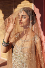 Beige Long Kameez Crushed Lehenga 