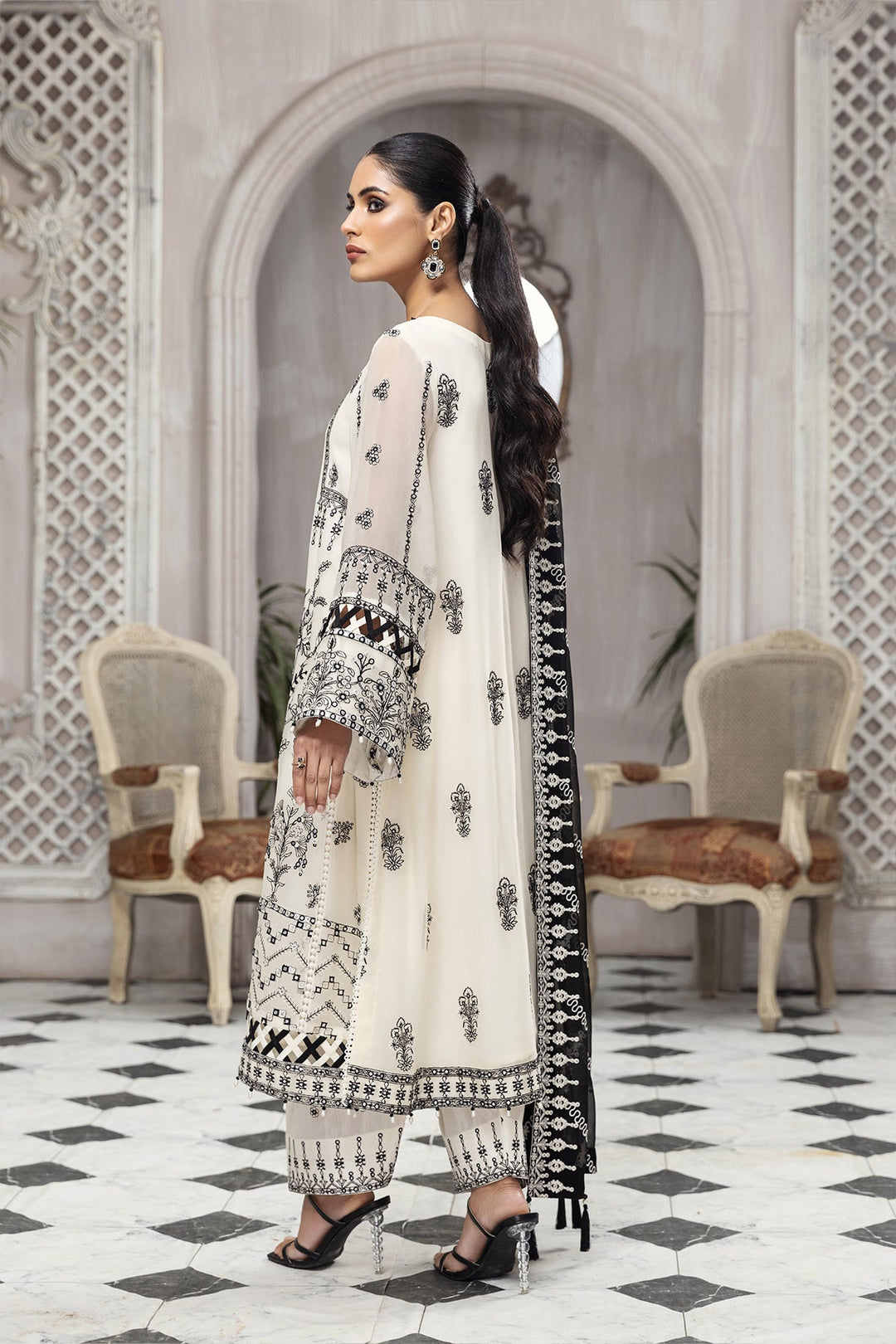 Latest Black And White Salwar Kameez with Embroidery 2022 Nameera by Farooq